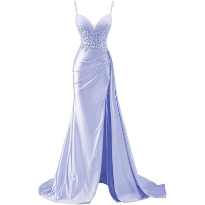 Spaghetti Strap Satin Prom Dresses Lace Appliques Pleated Mermaid Long Wedding Gown