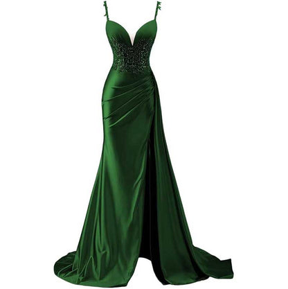 Spaghetti Strap Satin Prom Dresses Lace Appliques Pleated Mermaid Long Wedding Gown