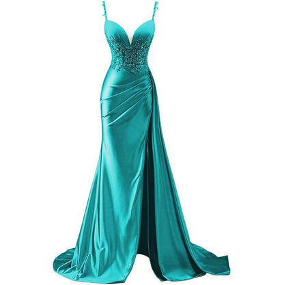 Spaghetti Strap Satin Prom Dresses Lace Appliques Pleated Mermaid Long Wedding Gown