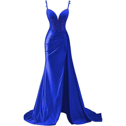 Spaghetti Strap Satin Prom Dresses Lace Appliques Pleated Mermaid Long Wedding Gown