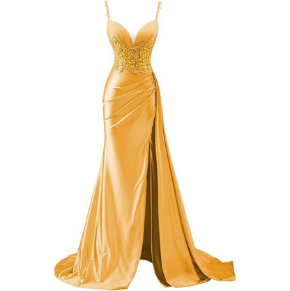 Spaghetti Strap Satin Prom Dresses Lace Appliques Pleated Mermaid Long Wedding Gown