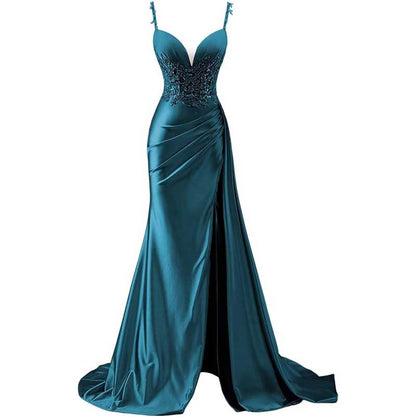 Spaghetti Strap Satin Prom Dresses Lace Appliques Pleated Mermaid Long Wedding Gown