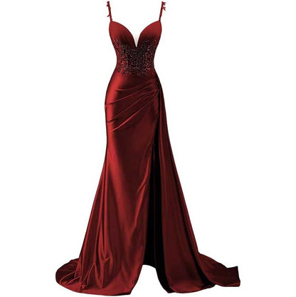 Spaghetti Strap Satin Prom Dresses Lace Appliques Pleated Mermaid Long Wedding Gown