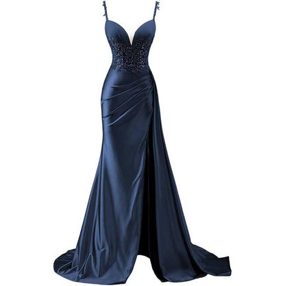 Spaghetti Strap Satin Prom Dresses Lace Appliques Pleated Mermaid Long Wedding Gown