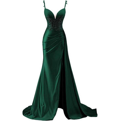 Spaghetti Strap Satin Prom Dresses Lace Appliques Pleated Mermaid Long Wedding Gown