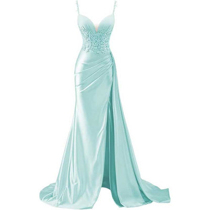 Spaghetti Strap Satin Prom Dresses Lace Appliques Pleated Mermaid Long Wedding Gown