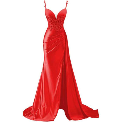 Spaghetti Strap Satin Prom Dresses Lace Appliques Pleated Mermaid Long Wedding Gown
