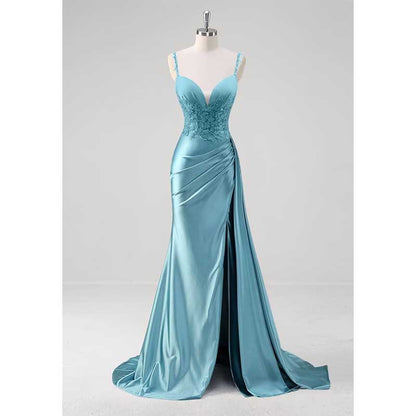 Spaghetti Strap Satin Prom Dresses Lace Appliques Pleated Mermaid Long Wedding Gown
