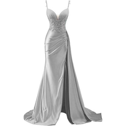 Spaghetti Strap Satin Prom Dresses Lace Appliques Pleated Mermaid Long Wedding Gown