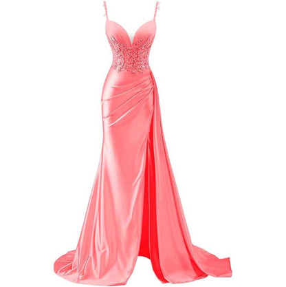Spaghetti Strap Satin Prom Dresses Lace Appliques Pleated Mermaid Long Wedding Gown