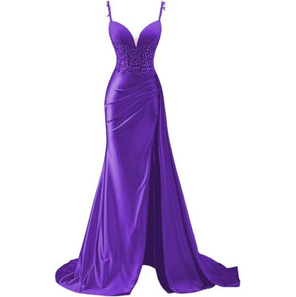 Spaghetti Strap Satin Prom Dresses Lace Appliques Pleated Mermaid Long Wedding Gown