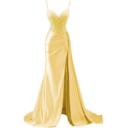 Spaghetti Strap Satin Prom Dresses Lace Appliques Pleated Mermaid Long Wedding Gown