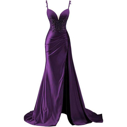 Spaghetti Strap Satin Prom Dresses Lace Appliques Pleated Mermaid Long Wedding Gown