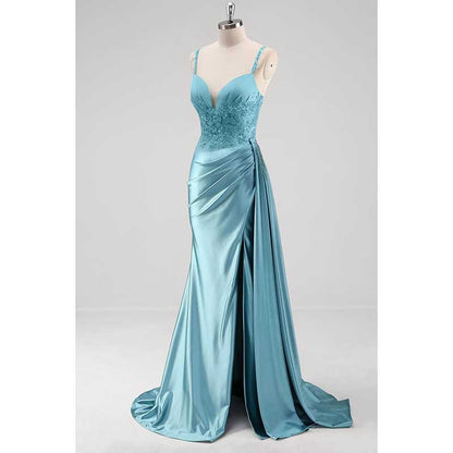 Spaghetti Strap Satin Prom Dresses Lace Appliques Pleated Mermaid Long Wedding Gown