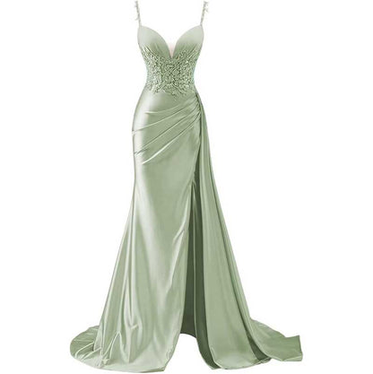 Spaghetti Strap Satin Prom Dresses Lace Appliques Pleated Mermaid Long Wedding Gown