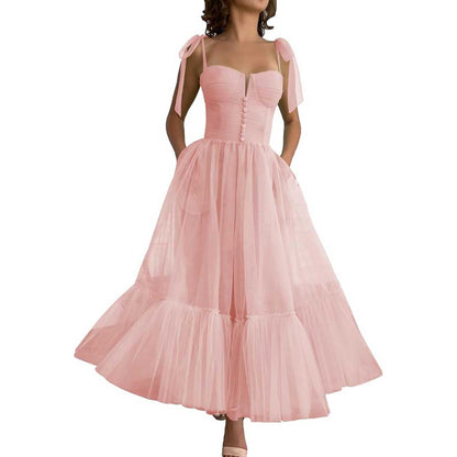Lace-Up Spaghetti Straps Homecoming Dresses Tea Length Tulle Prom Dress with Pockets