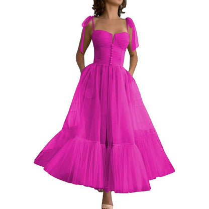 Lace-Up Spaghetti Straps Homecoming Dresses Tea Length Tulle Prom Dress with Pockets