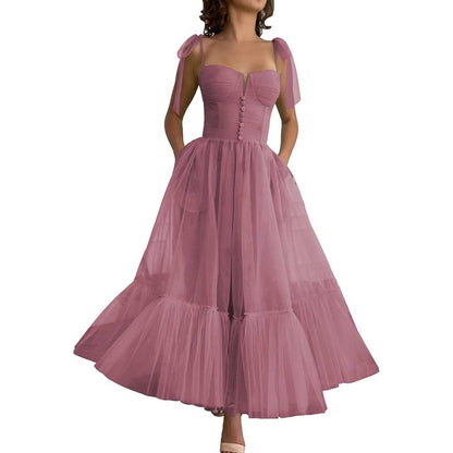 Lace-Up Spaghetti Straps Homecoming Dresses Tea Length Tulle Prom Dress with Pockets