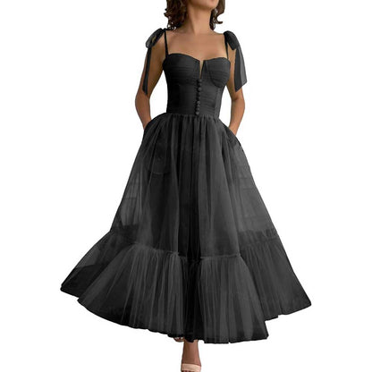 Lace-Up Spaghetti Straps Homecoming Dresses Tea Length Tulle Prom Dress with Pockets