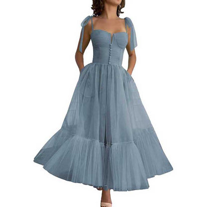 Lace-Up Spaghetti Straps Homecoming Dresses Tea Length Tulle Prom Dress with Pockets