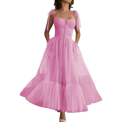 Lace-Up Spaghetti Straps Homecoming Dresses Tea Length Tulle Prom Dress with Pockets