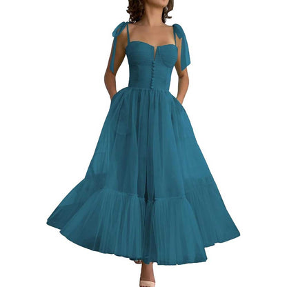 Lace-Up Spaghetti Straps Homecoming Dresses Tea Length Tulle Prom Dress with Pockets