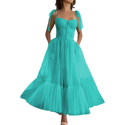 Lace-Up Spaghetti Straps Homecoming Dresses Tea Length Tulle Prom Dress with Pockets
