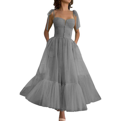 Lace-Up Spaghetti Straps Homecoming Dresses Tea Length Tulle Prom Dress with Pockets
