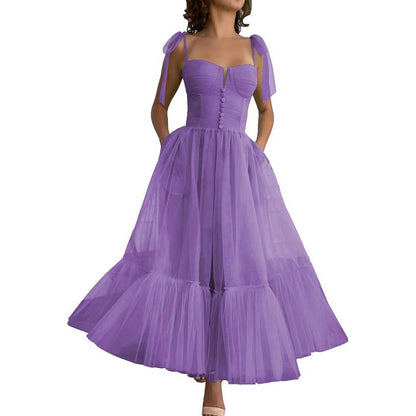 Lace-Up Spaghetti Straps Homecoming Dresses Tea Length Tulle Prom Dress with Pockets