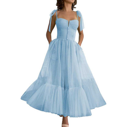 Lace-Up Spaghetti Straps Homecoming Dresses Tea Length Tulle Prom Dress with Pockets