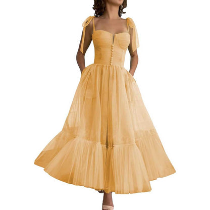 Lace-Up Spaghetti Straps Homecoming Dresses Tea Length Tulle Prom Dress with Pockets