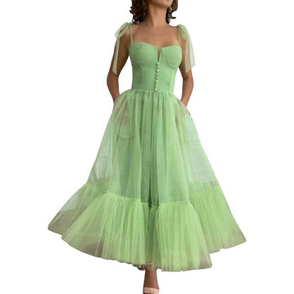Lace-Up Spaghetti Straps Homecoming Dresses Tea Length Tulle Prom Dress with Pockets