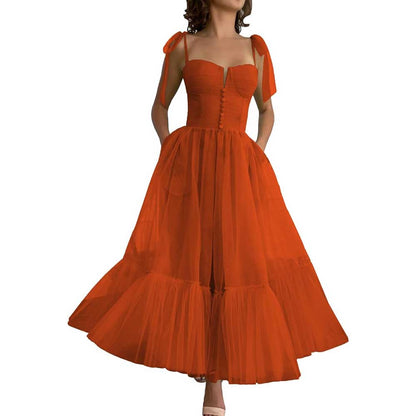 Lace-Up Spaghetti Straps Homecoming Dresses Tea Length Tulle Prom Dress with Pockets