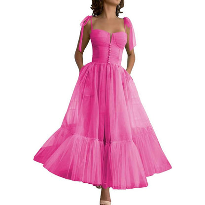 Lace-Up Spaghetti Straps Homecoming Dresses Tea Length Tulle Prom Dress with Pockets