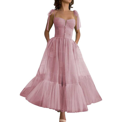 Lace-Up Spaghetti Straps Homecoming Dresses Tea Length Tulle Prom Dress with Pockets