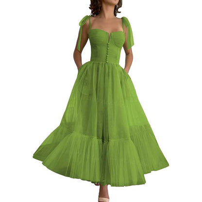 Lace-Up Spaghetti Straps Homecoming Dresses Tea Length Tulle Prom Dress with Pockets