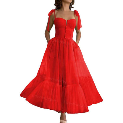 Lace-Up Spaghetti Straps Homecoming Dresses Tea Length Tulle Prom Dress with Pockets