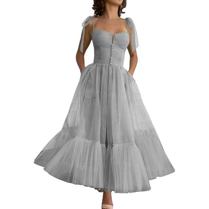 Lace-Up Spaghetti Straps Homecoming Dresses Tea Length Tulle Prom Dress with Pockets