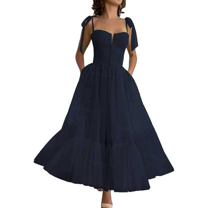 Lace-Up Spaghetti Straps Homecoming Dresses Tea Length Tulle Prom Dress with Pockets