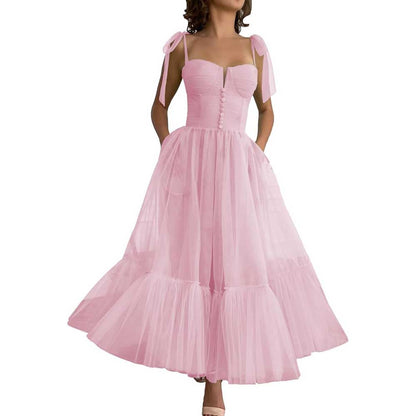 Lace-Up Spaghetti Straps Homecoming Dresses Tea Length Tulle Prom Dress with Pockets
