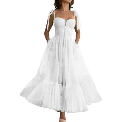 Lace-Up Spaghetti Straps Homecoming Dresses Tea Length Tulle Prom Dress with Pockets