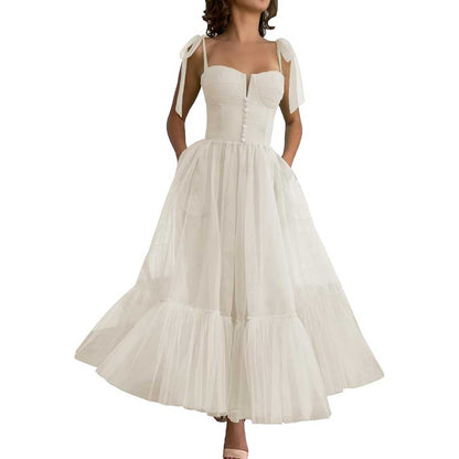 Lace-Up Spaghetti Straps Homecoming Dresses Tea Length Tulle Prom Dress with Pockets