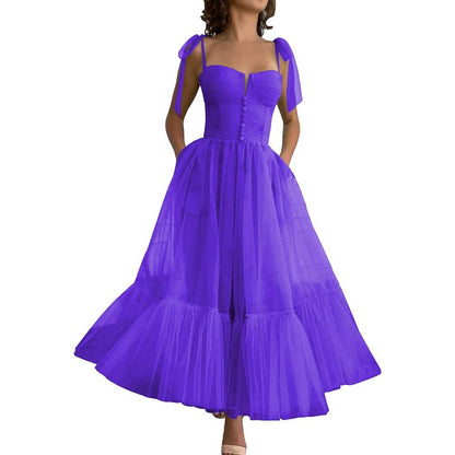 Lace-Up Spaghetti Straps Homecoming Dresses Tea Length Tulle Prom Dress with Pockets