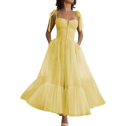 Lace-Up Spaghetti Straps Homecoming Dresses Tea Length Tulle Prom Dress with Pockets