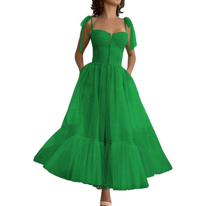 Lace-Up Spaghetti Straps Homecoming Dresses Tea Length Tulle Prom Dress with Pockets