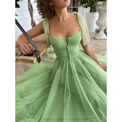 Lace-Up Spaghetti Straps Homecoming Dresses Tea Length Tulle Prom Dress with Pockets