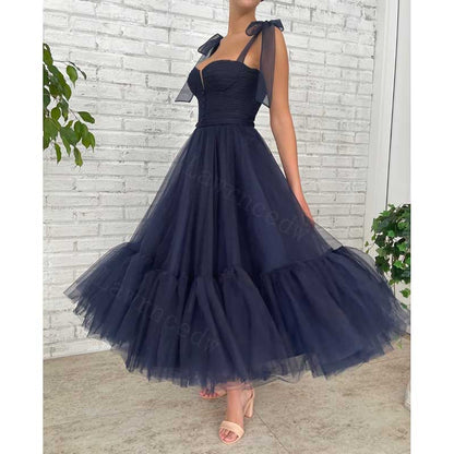Lace-Up Spaghetti Straps Homecoming Dresses Tea Length Tulle Prom Dress with Pockets