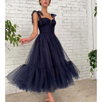 Lace-Up Spaghetti Straps Homecoming Dresses Tea Length Tulle Prom Dress with Pockets