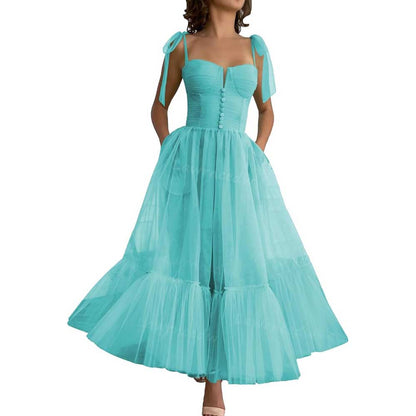 Lace-Up Spaghetti Straps Homecoming Dresses Tea Length Tulle Prom Dress with Pockets