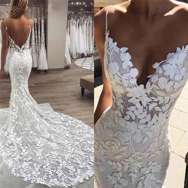 Spaghetti Straps V-Neck Wedding Dress Backless Mermaid Appliques Bridal Dress